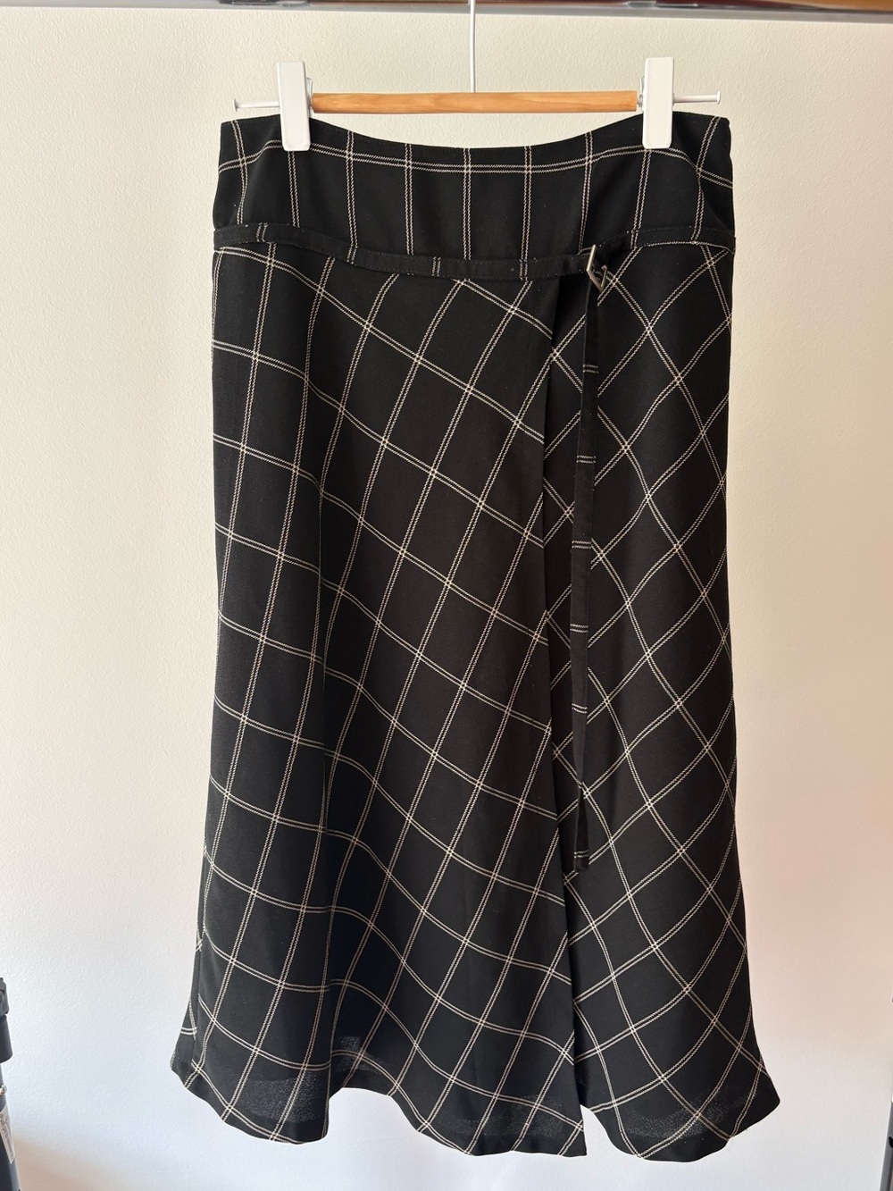 Black Windowpane Midi Skirt with Belted Waist